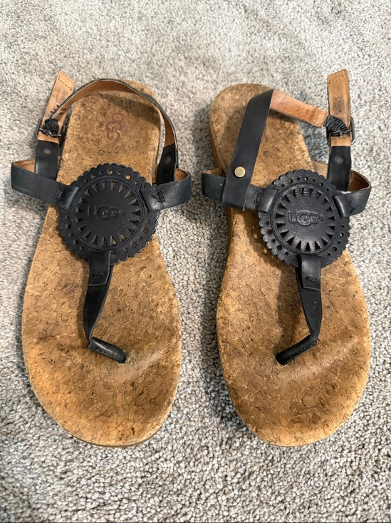 UGG Shoes - UGG Black Leather Cork Thong Sandals with Decorative Medallion